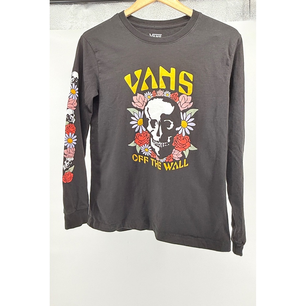 Vans Off The Wall Skull Floral Graphic Long Sleeve Tee Black Medium